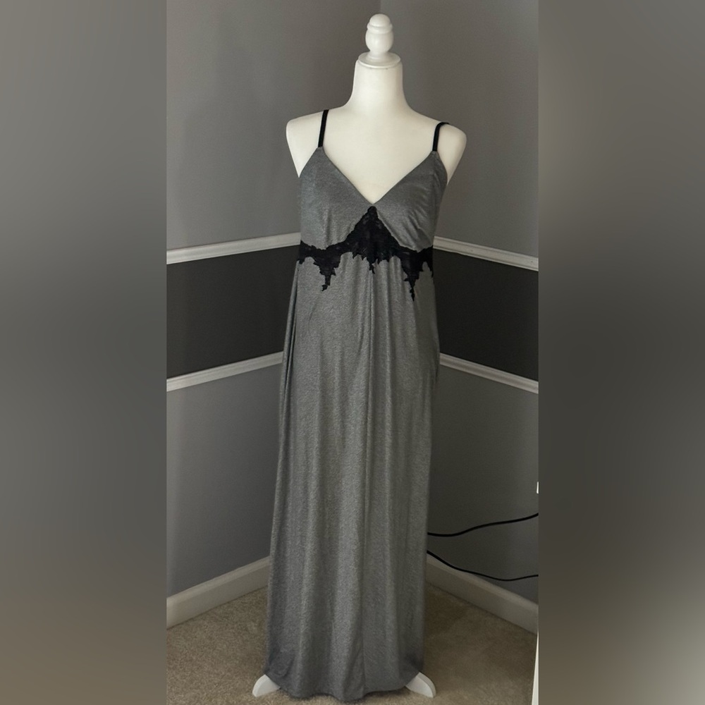 Soma Gray Silky Nightgown With Black Lace Trim